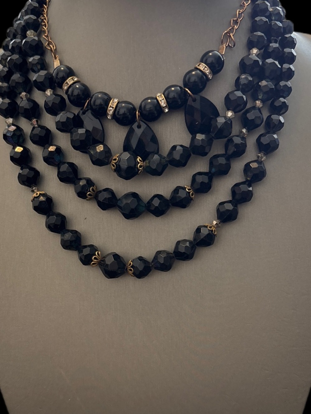 Black Multi-Strand Beaded Statement Necklace - Unbranded